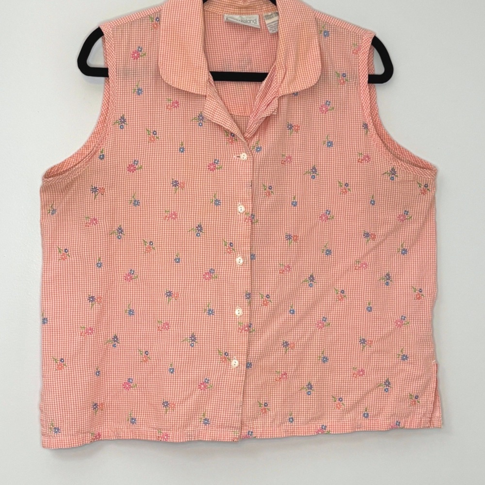 Vintage Kathy Ireland 100% Cotton Floral Embroidered Sleeveless Top Pink XL